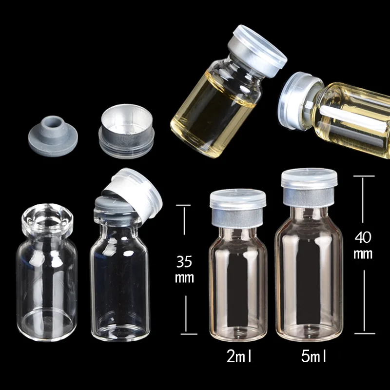 2ml 5ml 100pcs Clear Empty Glass Vials with Silicone Butyl Stopper Plastic Caps Cosmetic Injection Glass Bottles With Crimp Neck
