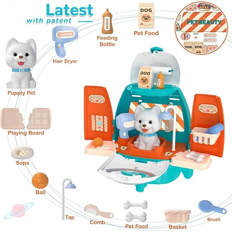 Pet Cat Dog Carrier Backpack Toy, 18PCS Pet Care Playset,Vet Clinic and Doctor Kit for Kids, Pet Veterinarian Medical Role Play 3