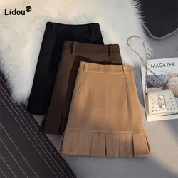 Women's Korean Pleated Solid Color Corduroy Skirt Autumn Winter Women's Clothing High Waist Fashion All-match A-Line Mini Skirts