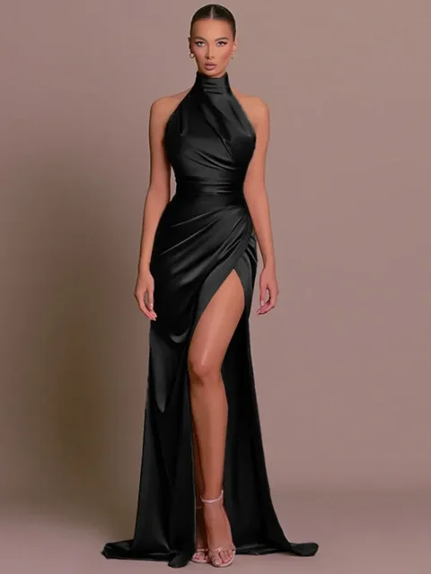 Elegant Luxury Party Evening Dress Sexy Women Sleeveless Long Halter Dress Fall Backless High Split Bodycon Maxi Dresses Black Excellent product recommendation