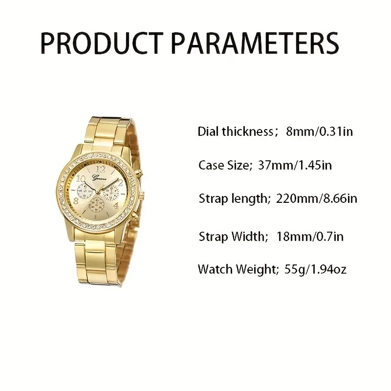 5 PCS Set Gold Watch Women Luxury Ring Necklace Earrings Rhinestone Fashion Wristwatch Female Casual Watches Bracelet Set 3