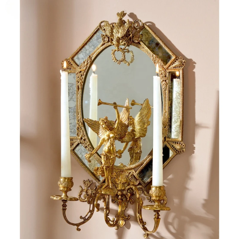 

European French household wall decorations luxury ceramic with Bronze oval hanging angel mirror with 2 arms candlestick holder