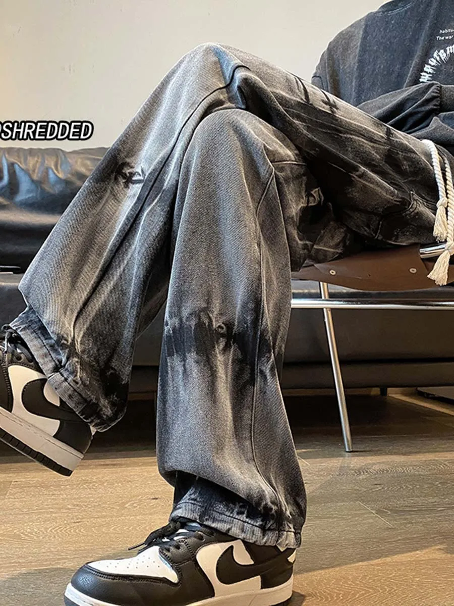 EH·MD Four Season Tattered Jeans Men Sprinkle Ink  Reflective High Street Fashion Zipper Slim Scraped Elastic Red Ear Light Blue