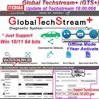 Un anno GTS+ Global Techstream+ per Toyota/Lexus fino a 2025 anni Auto PK Techstream v18.00.008 Lavoro diagnostico globale con J2534