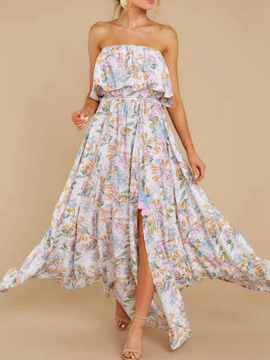 

Women Bohemian Style Strapless High Waist Long Dress Summer Floral Print Slit Flowy Sleeveless Beach Sundress Party Streetwear