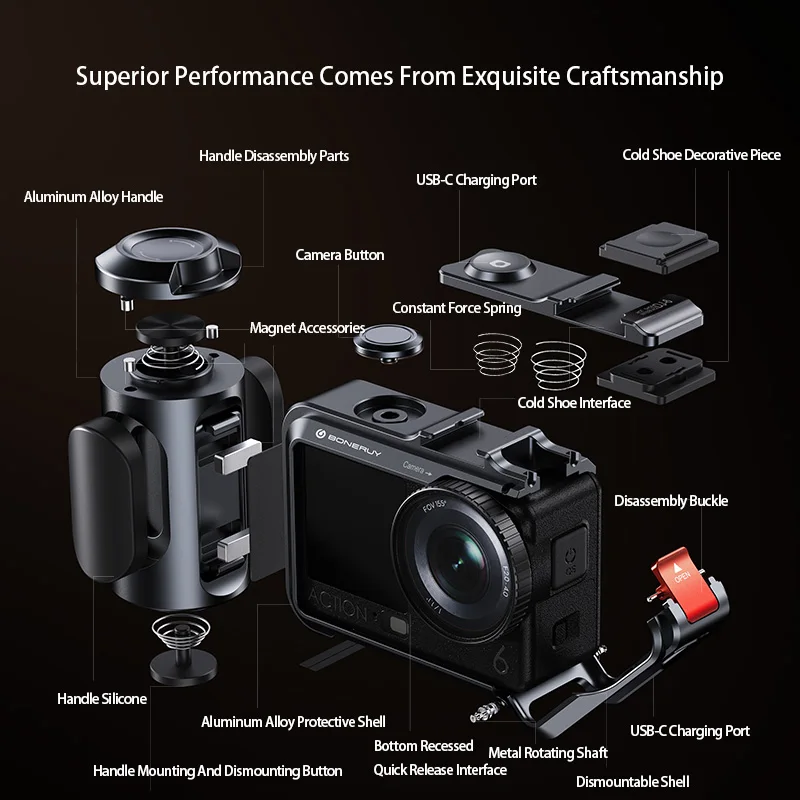 DJI 오즈모 액션 6 알루미늄 카메라 케이지 마그네틱 마운트 모듈형 케이스 콜드슈 그립 1/4 삼각대 확장 프레임