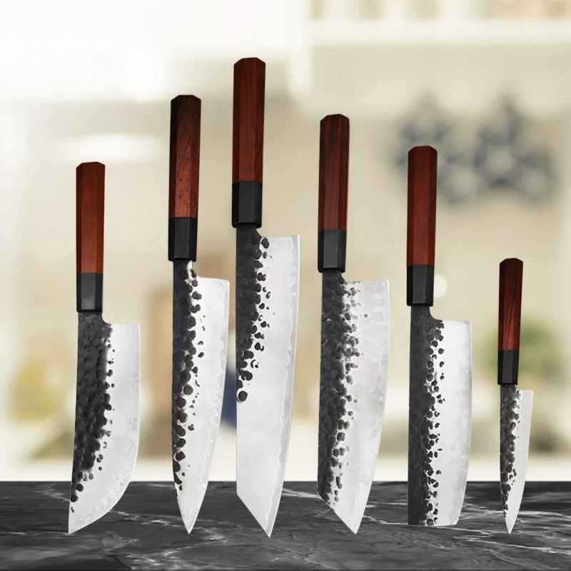 

Forged Japanese Knife Set 90Cr18Mov Steel Kiritsuke Santoku Knives Cleaver Raw Fish Salmon Slicing Paring Knife