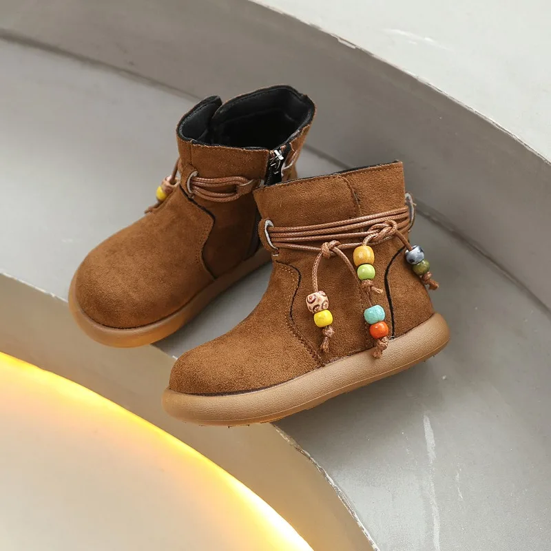 Girls Leather Ankle Boots Winter Kids Casual Beading Round Toe