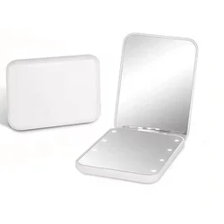 Compact Handheld Lighted Makeup Mirror with 8 LEDs - Portable Folding Travel Mirror (WHITE)