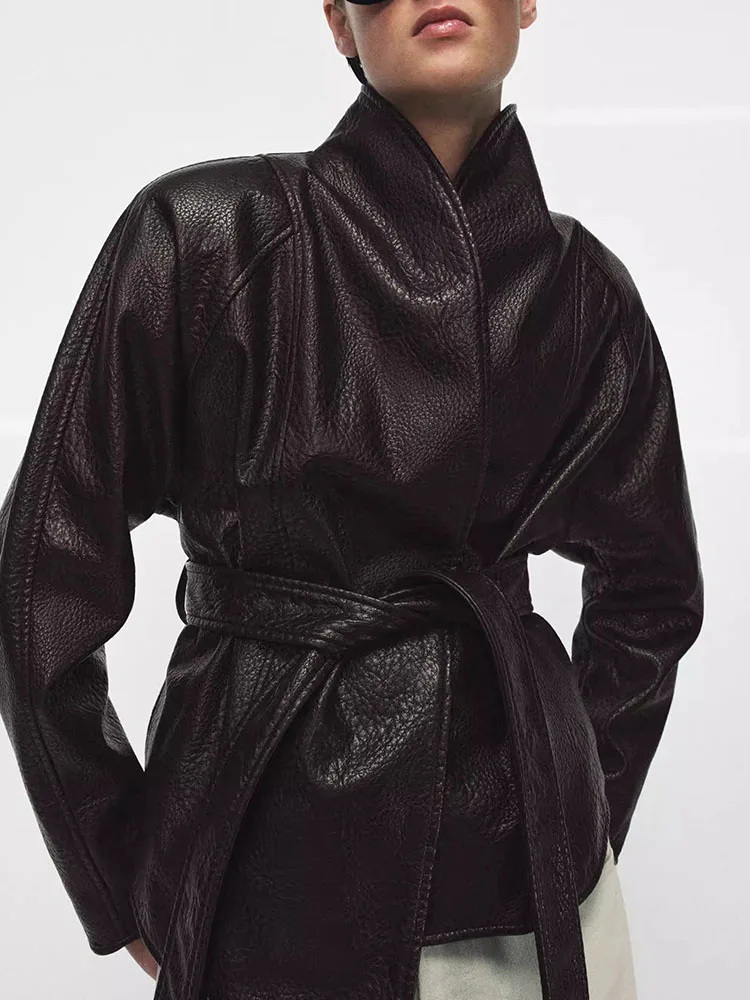 Fashionable Casual High Collar Belted Leather Effect Jacket Women's Spring New Arrival ZA2026 Long Sleeve Stylish Outerwear