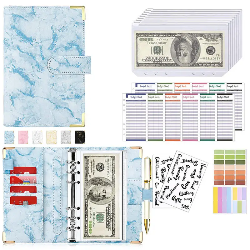 PU Leather Budget Binder with Cash Envelope Pockets and Zipper - Compact French-Style Money-Saving Planner Organizer