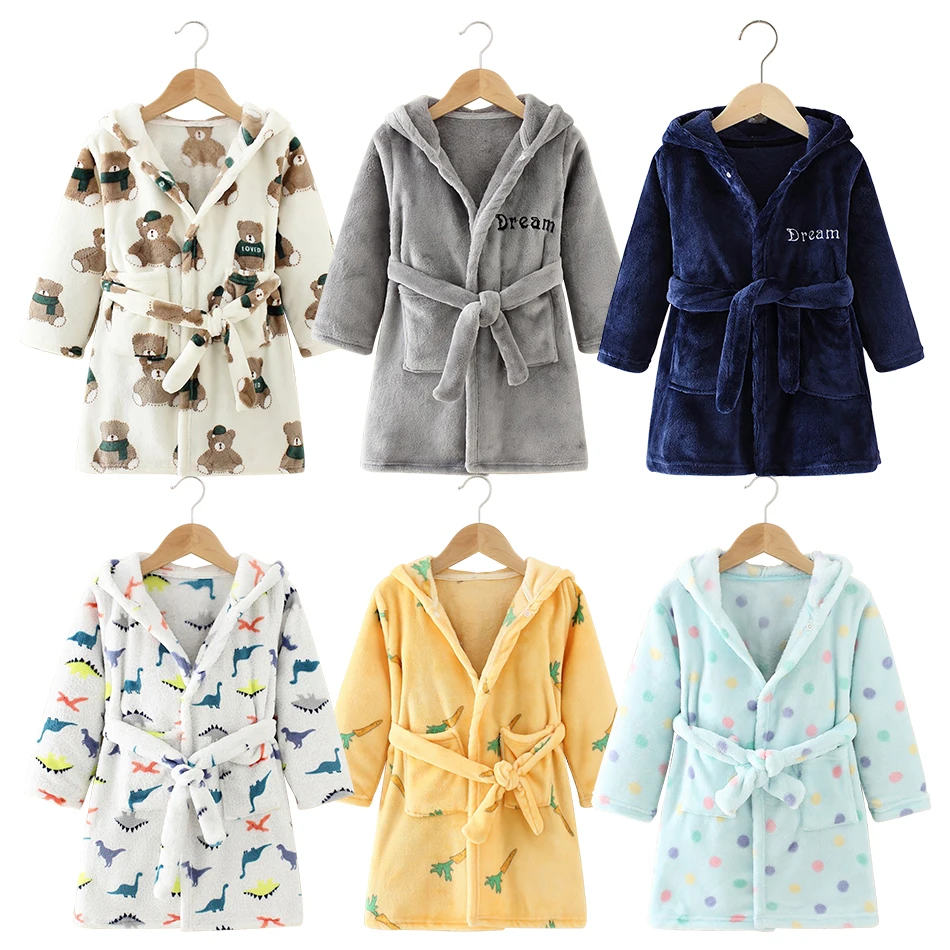 Kids Robe Fleece Hooded Cartoon Printed Sleepwear Autumn Winter Spring
