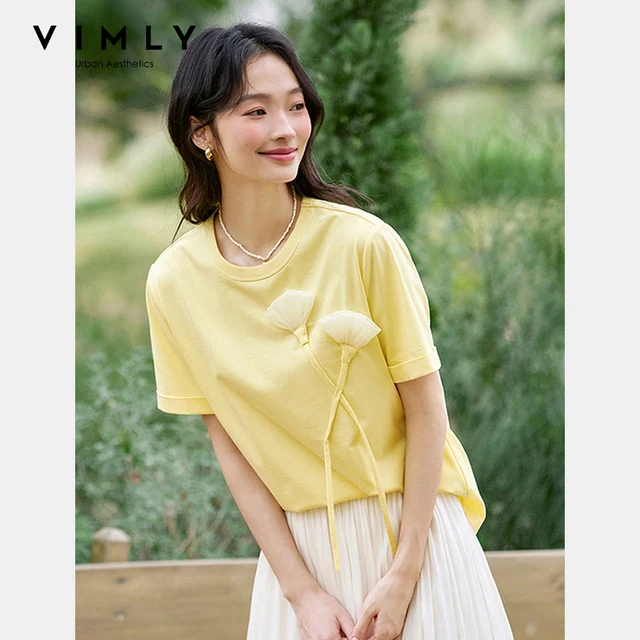 VIMLY Summer Yellow Short Sleeve T-shirt Woman 2025 Fashion Handmade 3D Floral Round Neck Cotton T Shirts Women Clothing A1519 2