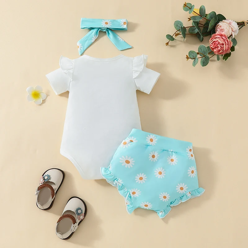 

Baby Girls Summer Outfits Letter Print Short Sleeve Romper with Floral Shorts and Heaband 3 Pcs Set