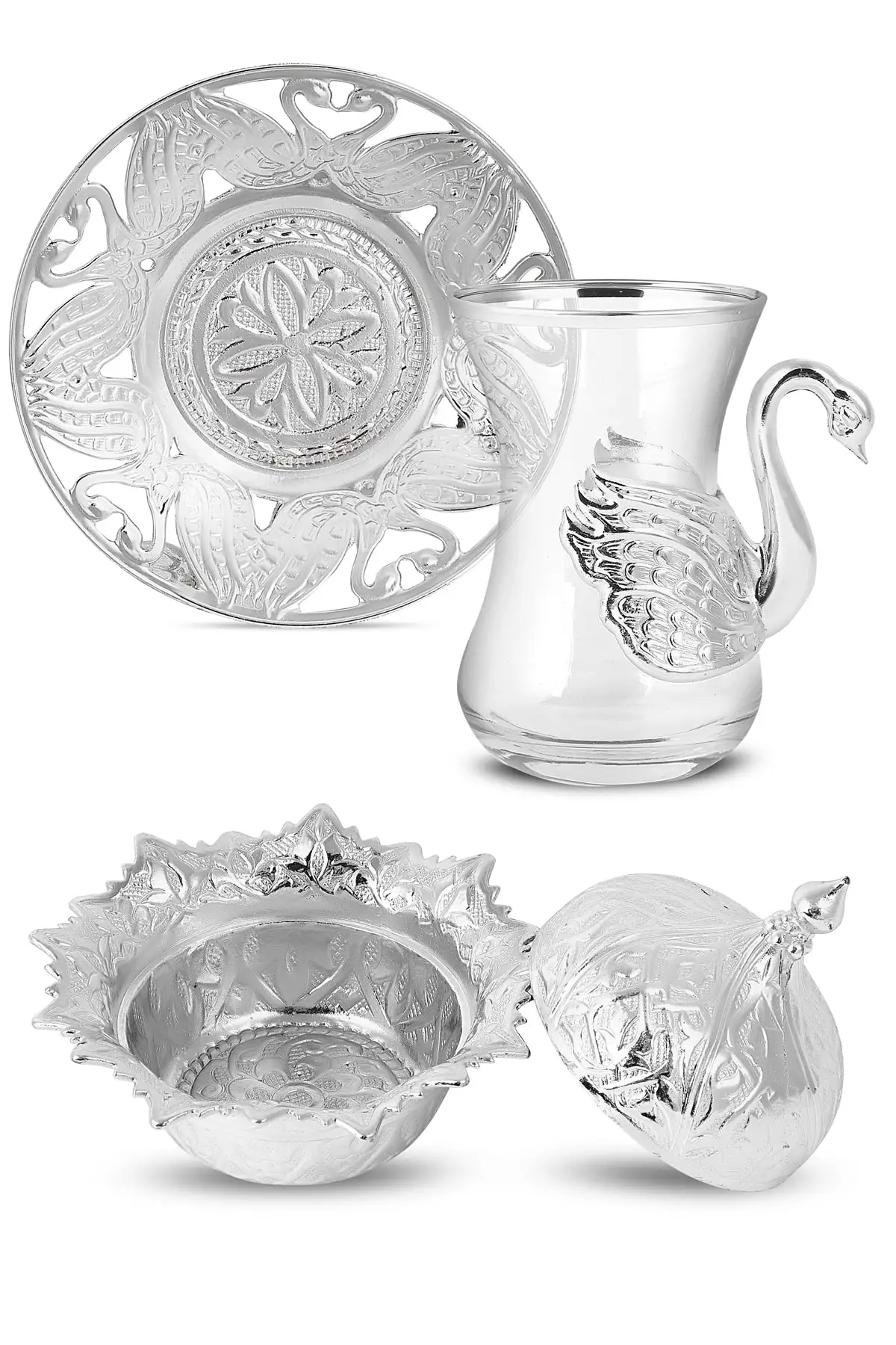 DOLBOVI Decorative Swan Copper Tea Set Turkish Tea Glass Cup