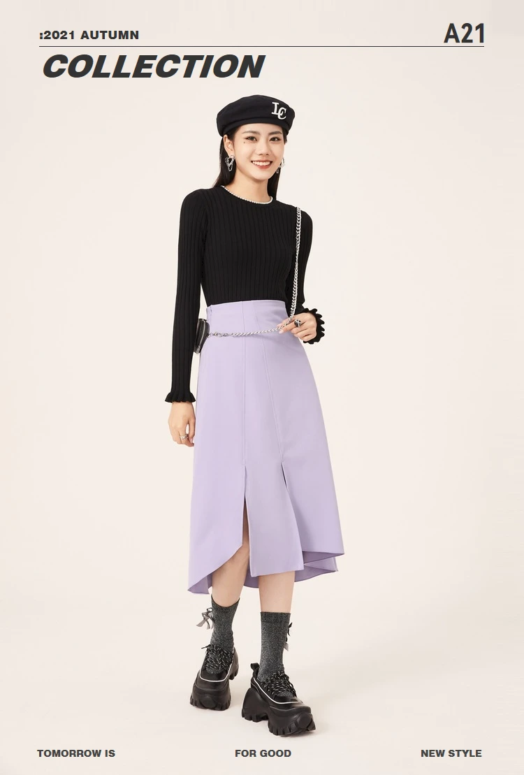 summer skirts A21 Elegant Women 2022 Spring New Purple Midi Skirt Causal High Waist Split Ladies Chic Slim Solid Long Skirt silk skirt