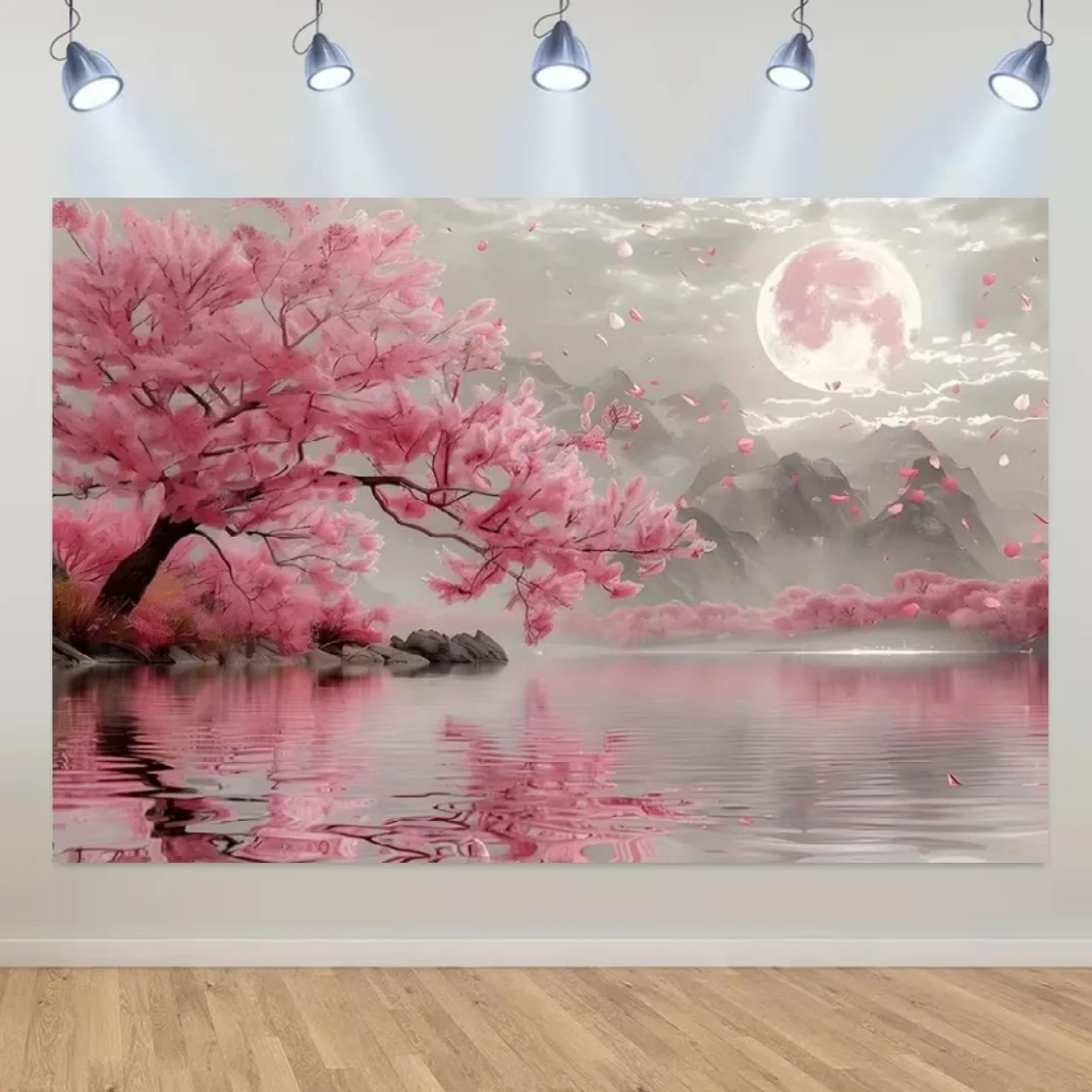 Rosa Kirschblüten-Landschaftsthema, Fotografie-Hintergrund, Wind, Mond, Nacht, Blumenhintergrund, Frühlingsthema, Party-Dekoration, Banner – Detail 1