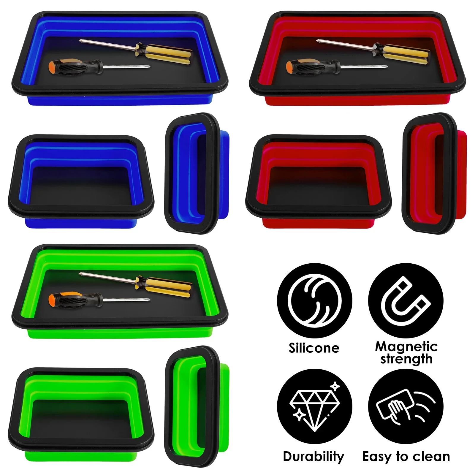Collapsible Magnetic Parts Tray 3Pcs Silicone Foldable for Tool Part Storage