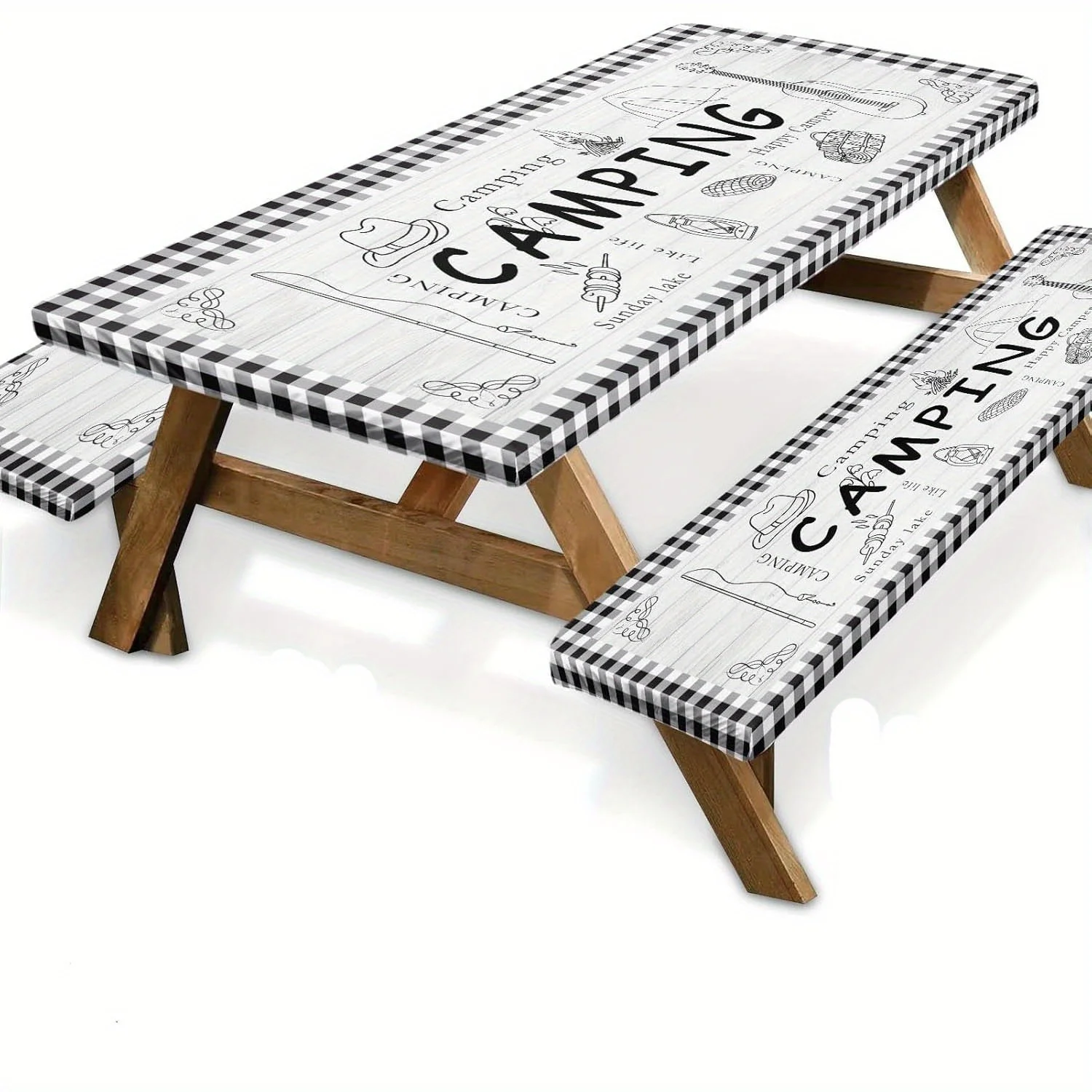 3 camping picnic table covers with chairs – black and white checkered pattern, elastic edges, durable polyester material