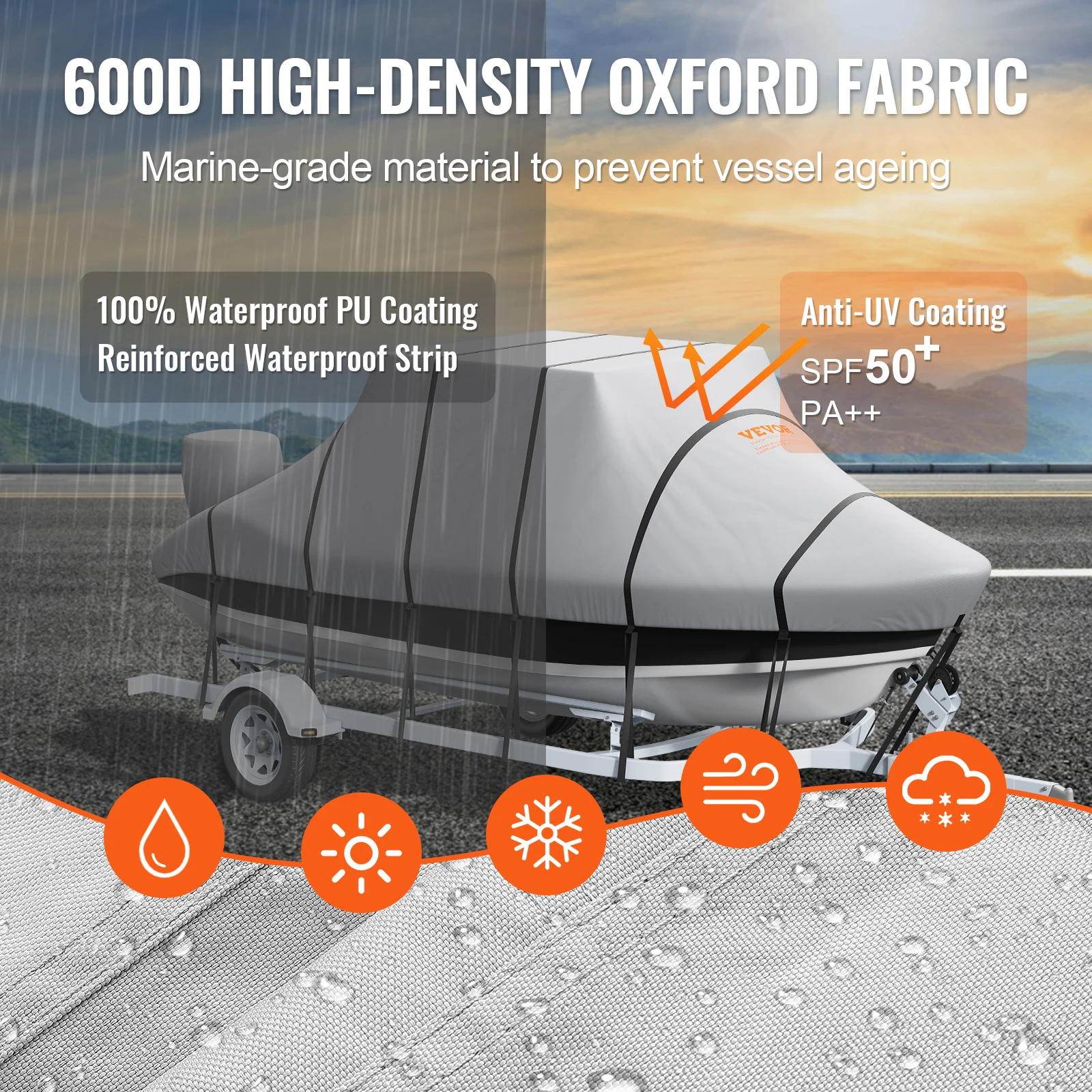 VEVOR T Top Boat Cover 20'-22' Waterproof Trailerable 600D Marine Grade PU Oxford with Windproof Buckle boat cover fishing boat cover