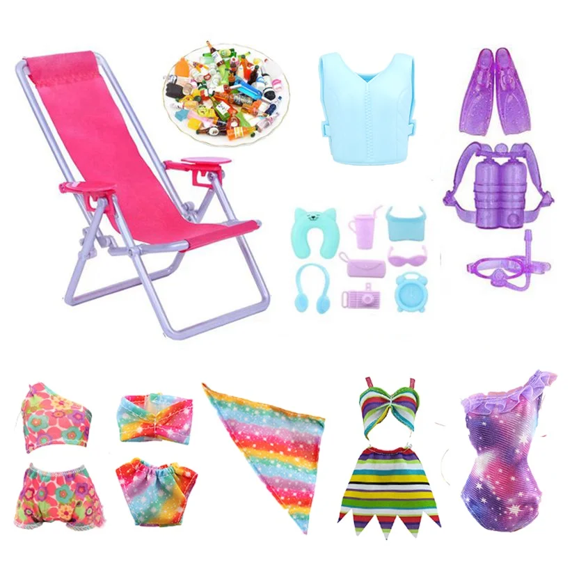 

Kawaii 25 Items / Lot Kids Toys =10 Bottles + 4 Mini Swimsuit + 11 Miniature Dollhouse Accessories Beach Chair For Barbie DIY