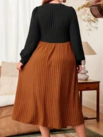 Autumn and winter style large size contrast color stitching long skirt round neck long sleeves slimming and elegant dress - Image 2