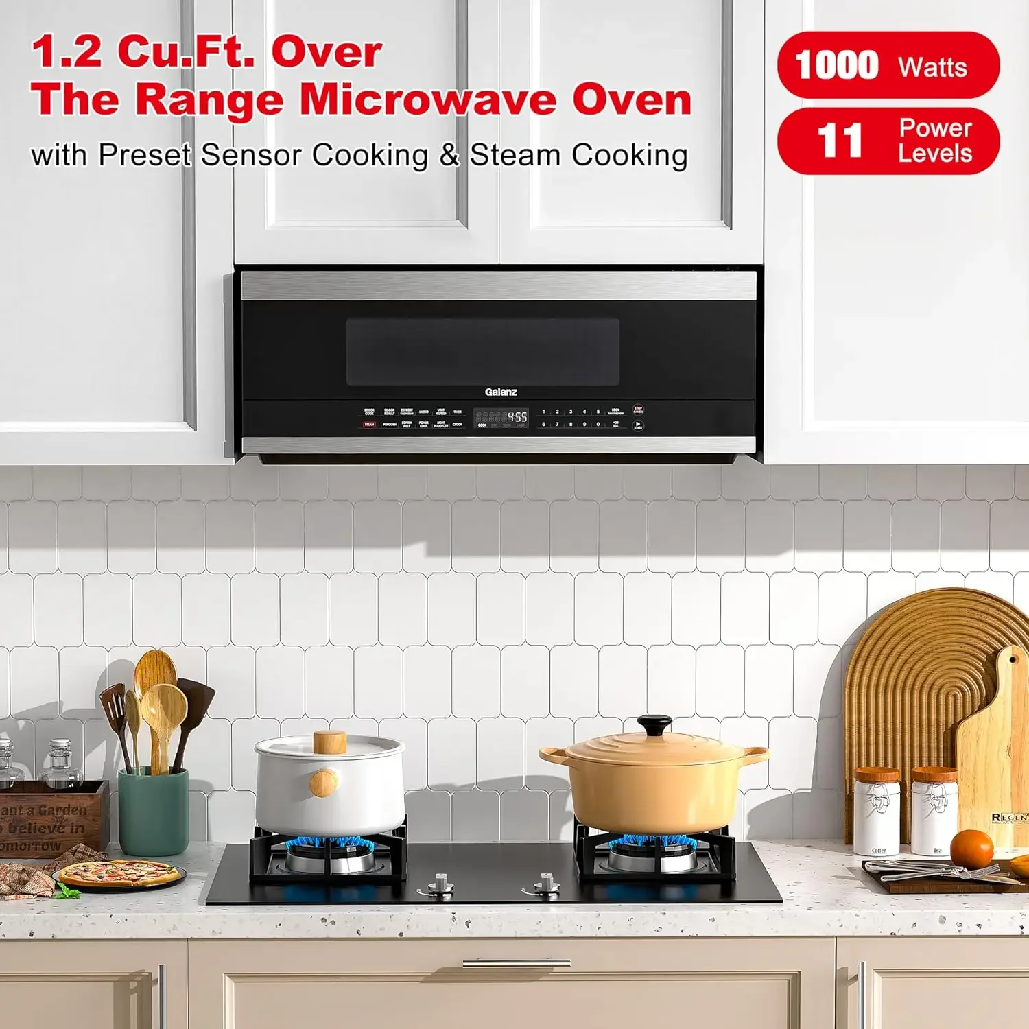 GLOMJK12S2SWN10 Low Profile Over The Range Microwave Hood Combination Steam & Sensor Cooking, 11 Power Levels, 1.2 Cu Ft, 2