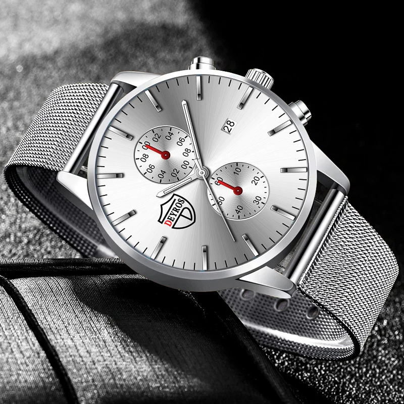 Luxury Fashion Mens Watches Stainless Steel Mesh Belt Quartz Watch for Men Business Leather Luminous Clock relogio masculino