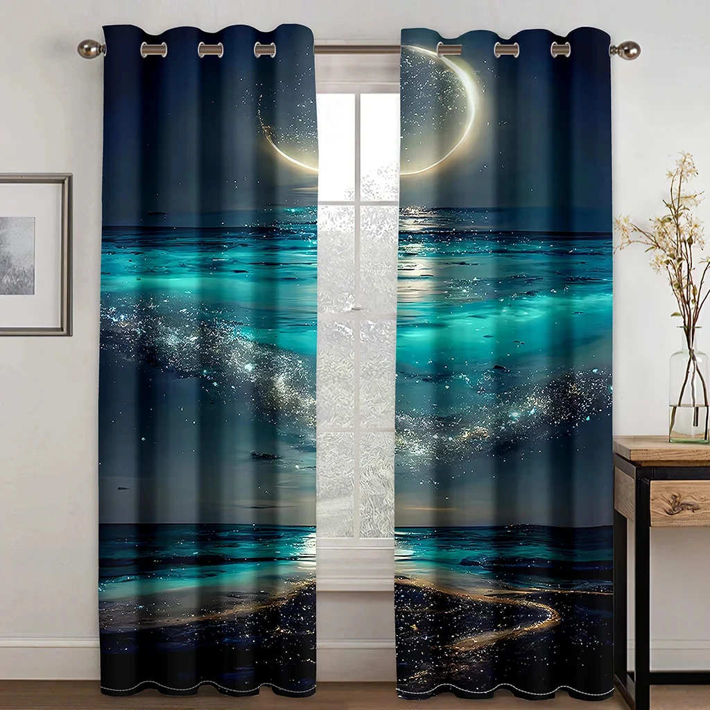 

2Panel Starry Night Curtain Aurora Moon Printed Curtain for Bedroom Living Room Window Shutters Floor-to-ceiling Window cortinas