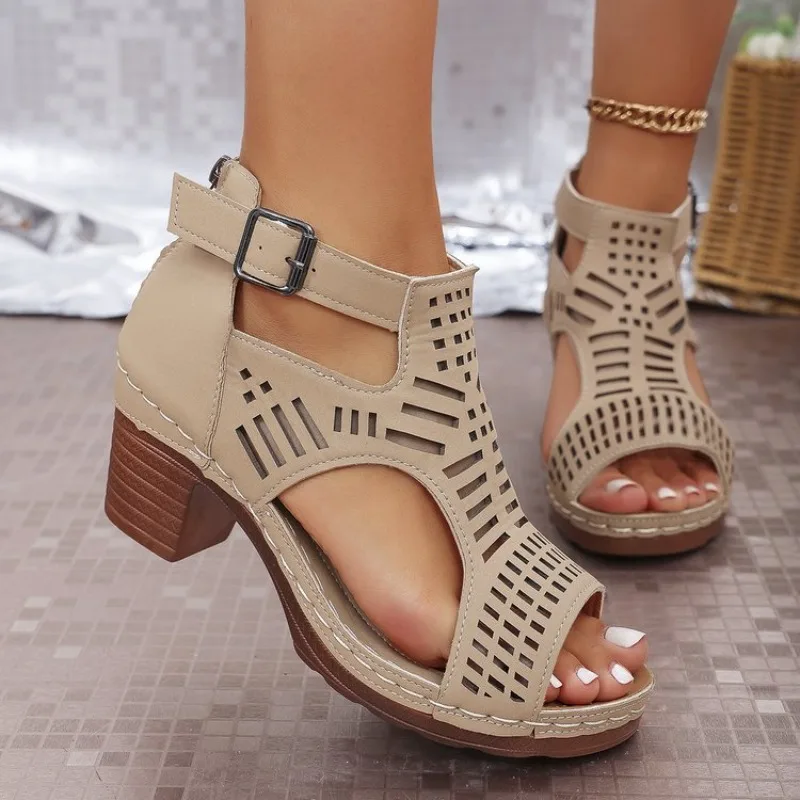 Sandals for Women 2026 New Thick Heeled Sandals Summer Breathable Hollow Out Sandals for Women Retro High Heels Roman Sandalias - 2