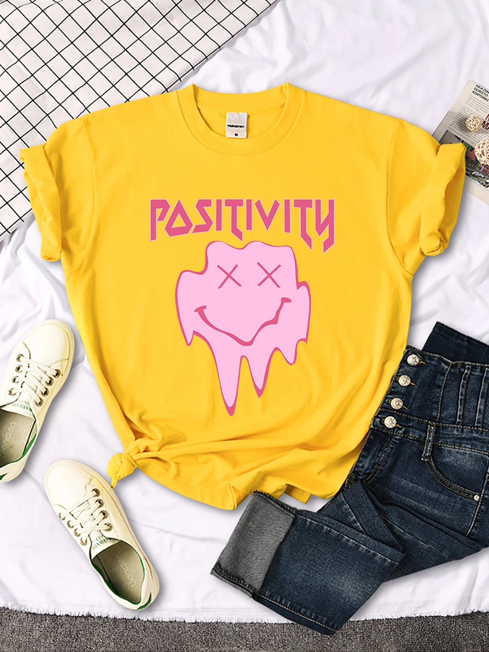 

Pasitivity Melting Happy Face Printing T Shirt Women Fashion Casual Tee Clothing Loose Hip Hop Tops Female Crewneck T-Shirts
