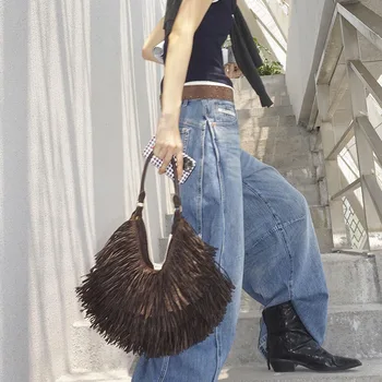 Borsa Vintage Bohémien con Nappe, Tessuta a Mano, Leggera e Traspirante, Grande Capacità, Borsa Tote con Manico Corto, Borsa da Spiaggia in Paglia per Vacanze