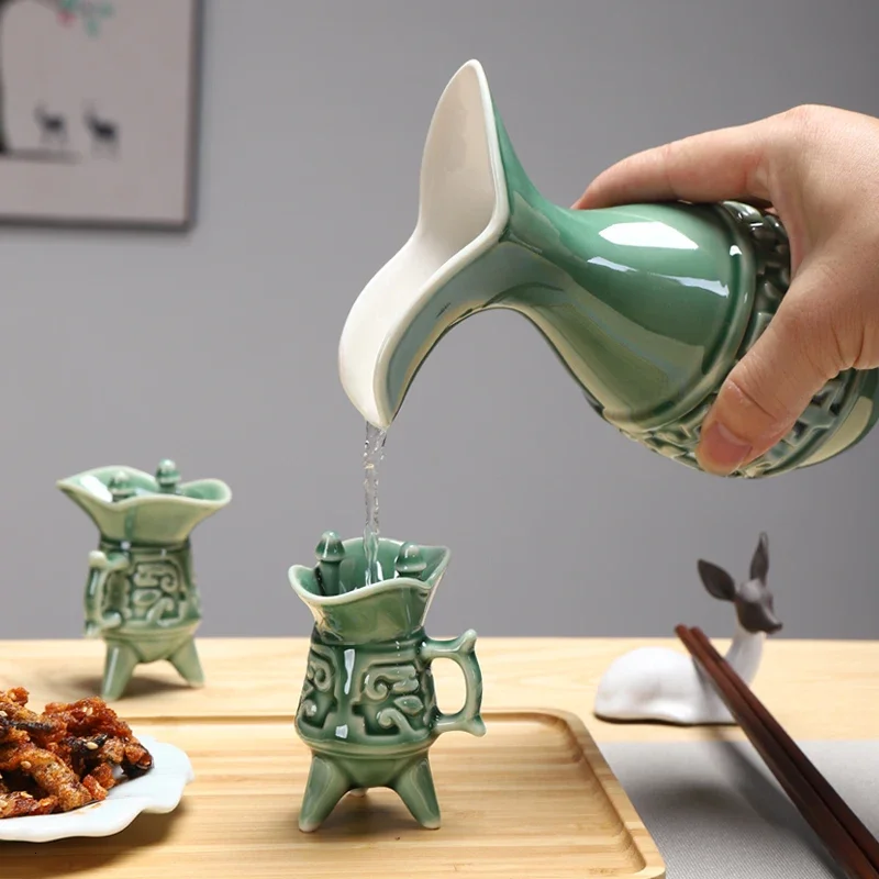 Chinese style ceramic wine set imitate ancient pot cup retro liquor separator flagon drinking winware gift box
