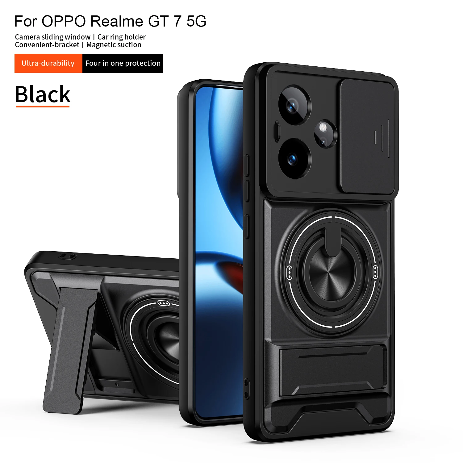 Armor Shockproof Phone Case with Sliding Camera Cover & Built-in Ring Kickstand