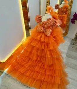 Orange Fluffy Girls Dresses for Party Birthday Princess Tiered Tulle Sequin Pageant Dress Formal Prom Gowns with Long Train