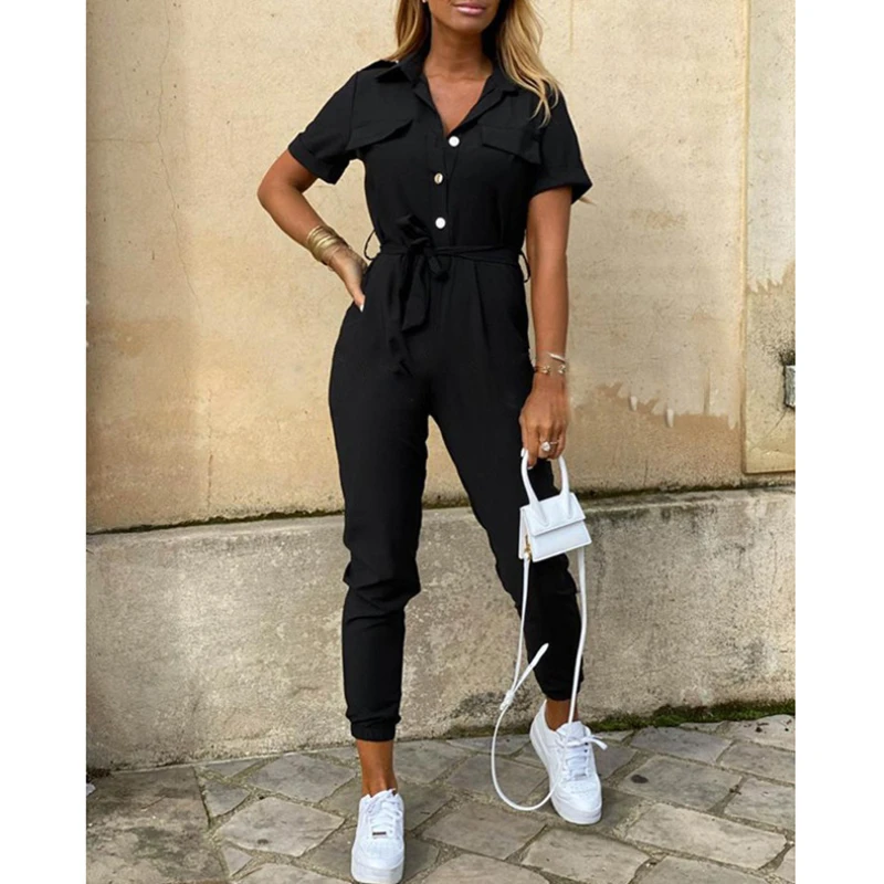 new-2024-summer-fashion-black-jumpsuit-women's-casual-lapel-printed-belt-work-suit-short-sleeve-striped-jumpsuit-woman