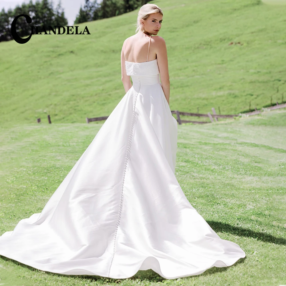 

CHANDELA Delicate A-Line Wedding Dresses Spaghetti Strap Beading Satin Backless Pleat Court Train Customised Vestidos De Novia