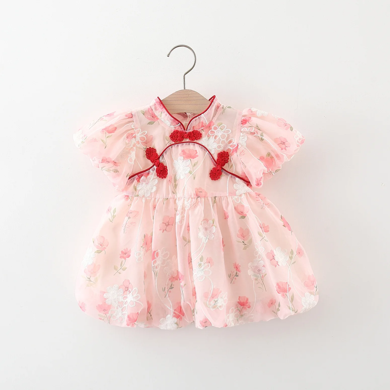 

2024 Summer New All Over Little Flower Girl's puff Sleeves Chiffon Dress