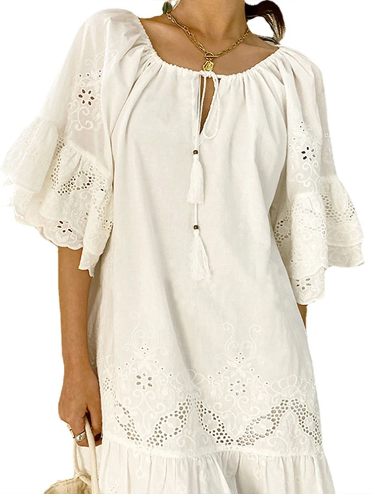 Vestido Corto Con Bordado De Flores Multicolores Mujer, Beige