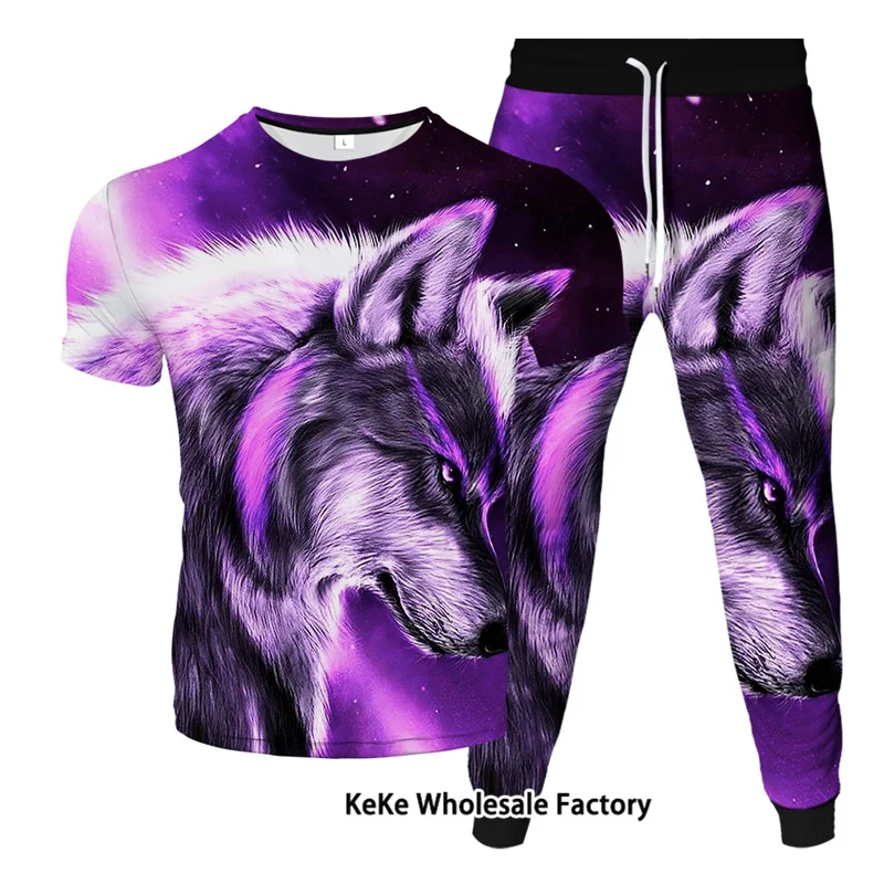 Summer Man Trousers 2pcs Sets Wolf Animal 3D Printed Sport Suit Casual Couple T-Shirts Pants Tracksuit Outfits Oversized 4XL 2023 new animal tiger hoodie 3d printed men s tracksuit sets casual hoodie pants 2pcs sets sweatshirt fashion men clothing