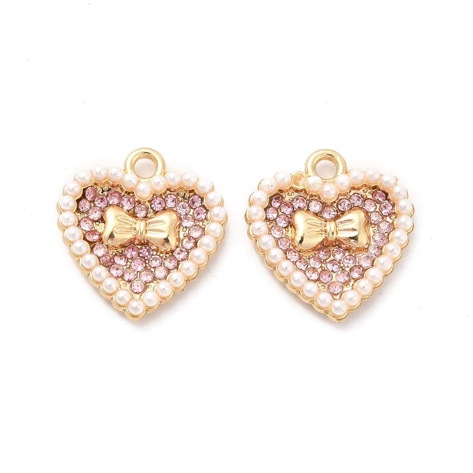 100 Pcs Heart with Bowknot Alloy Rhinestone Pendants with Abs Plastic Imitation Pearl Bead for Women Necklace Jewelry Making