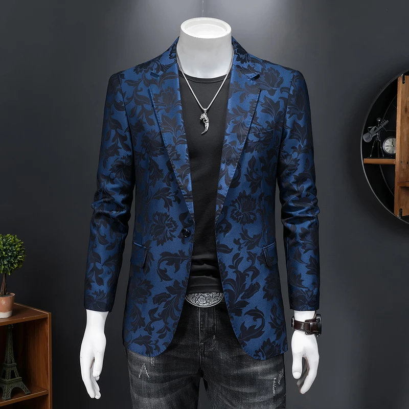 British Style Luxury Jacquard Blazers Men Clothing Business Slim Fit Casual Suit Coat Men Groom Wedding Suit Printed Blazer