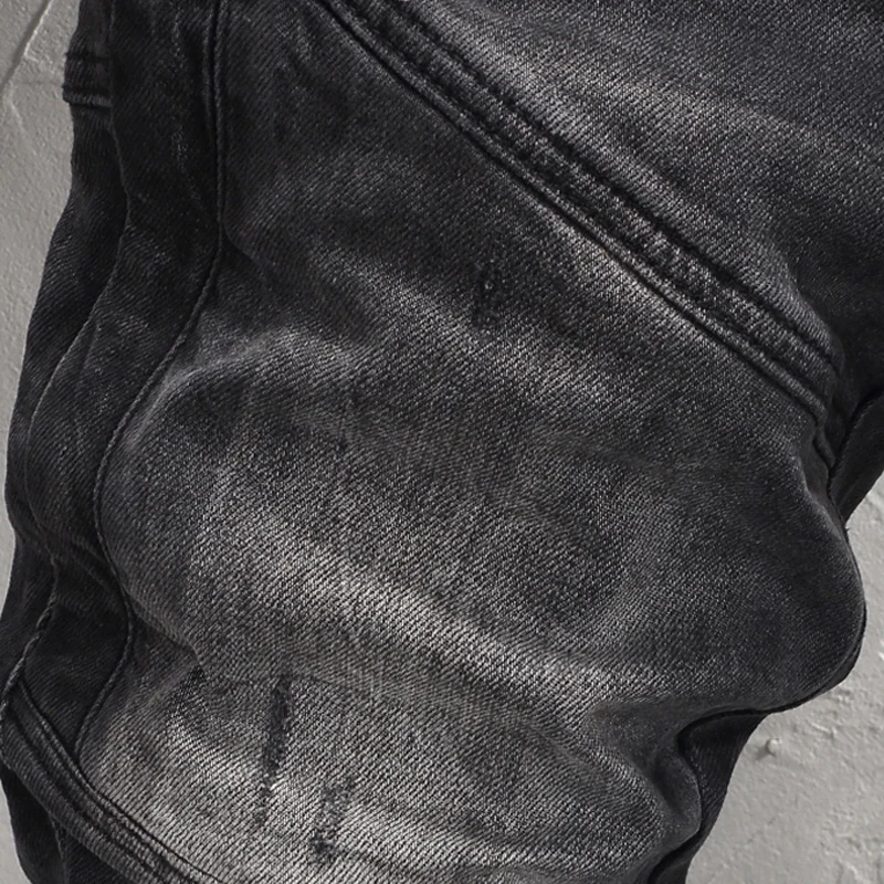 Streetwear Fashion Men Jeans High Quality Retro Black Gray Spliced Designer Biker Jeans Homme Patched Hip Hop Denim Pants Men