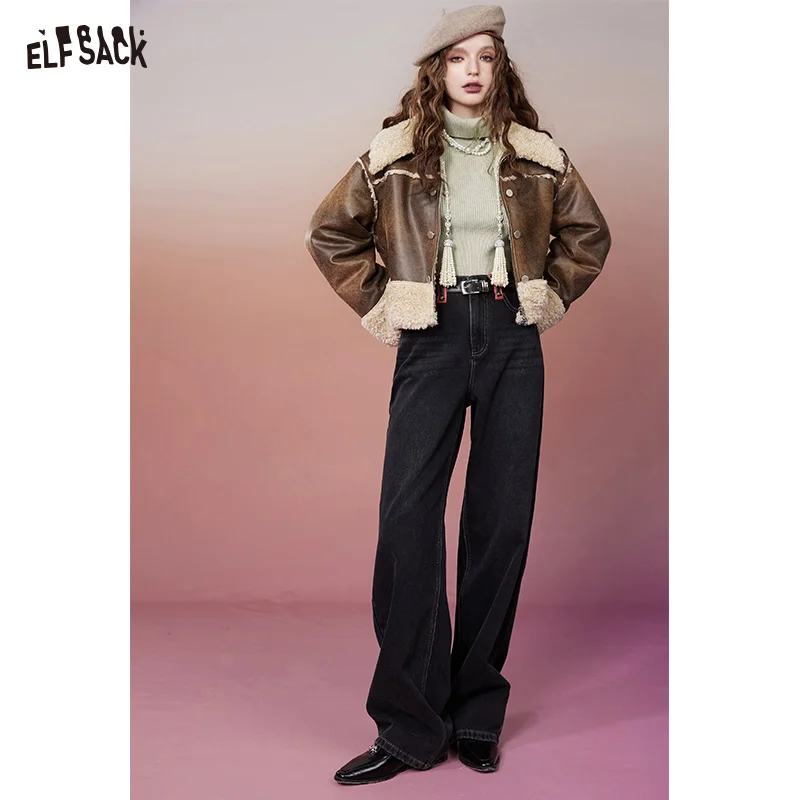 ELFSACK Straight Baggy Jeans Women 2023 Winter High Waist Plus Size Korean Fashion Trousers