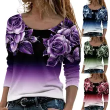 

2022 Spring Women Rose Elegantes Printed T-Shirt Long Sleeve Tops Casual Flower Graphic Tees Harajuku Loose T-shirts
