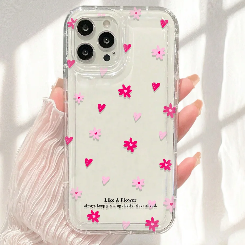 Pink Flowers Heart Print Clear Phone Case - Soft Cover
