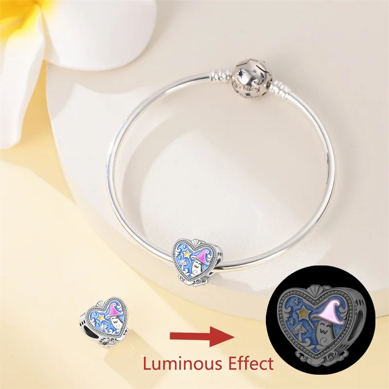 Original 925er Sterlingsilber-Charm-Perlen, leuchtende leuchtende Laterne, Engel, magische Katze, Dschungel-Anhänger, Perle für Armband, Charm-Schmuck – Detail 8