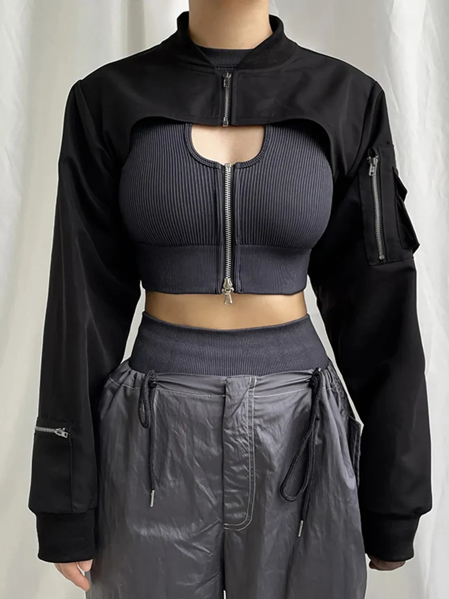 

Women 2023 Fashion Personality Crop Tops Solid Color Stand Collar Long Sleeve Zipper Short Jacket Pockets Cargo Tops Streetwear