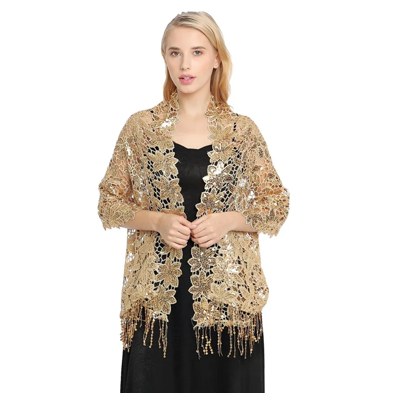

Spring Autumn New Sequin Tassel Shawl Cape European American Dinner Party Cheongsam Shawl High-end Shawl Woman Cloak Khaki