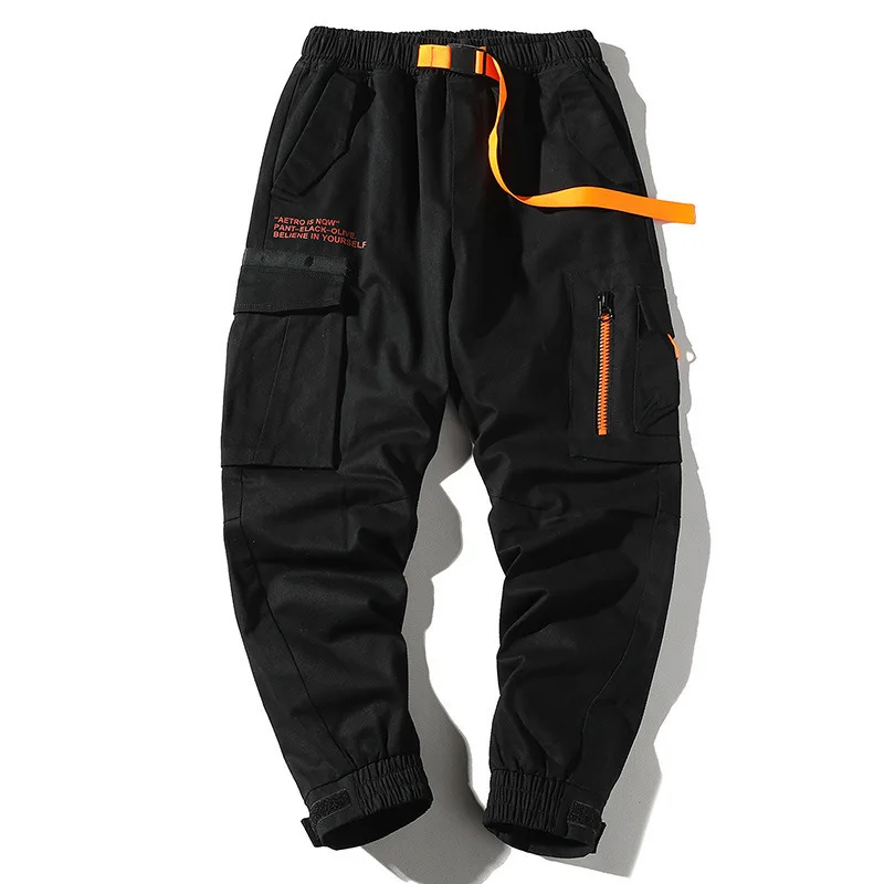 

New Fashionable Black Stylish Men's Jogger Trousers Autumn Hip Hop Streetwear Side Big Pocket Ribbons ins Sweatpants Cargo Pants